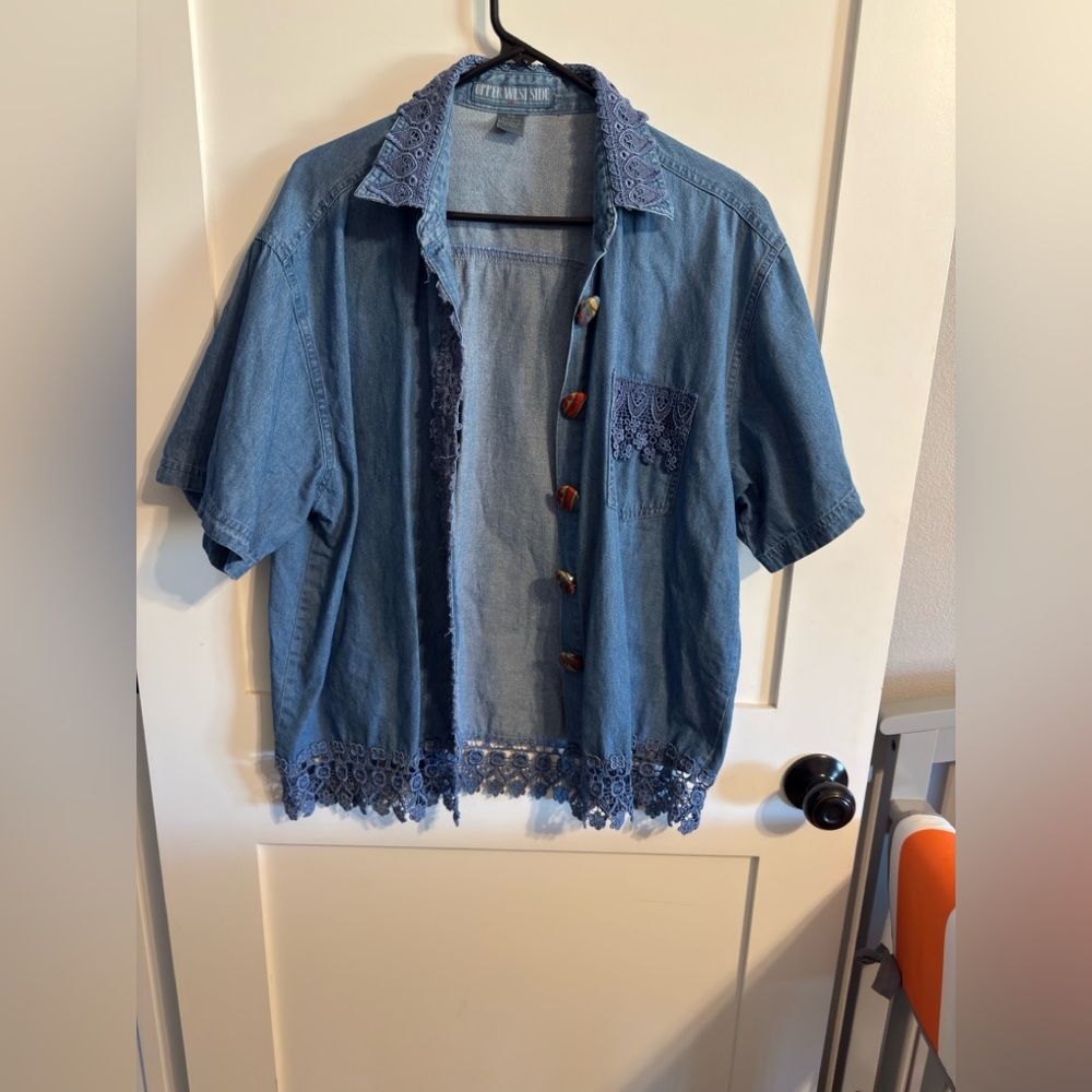 Womens Western Denim Button-Up Shirt Jacket with Lace Accents